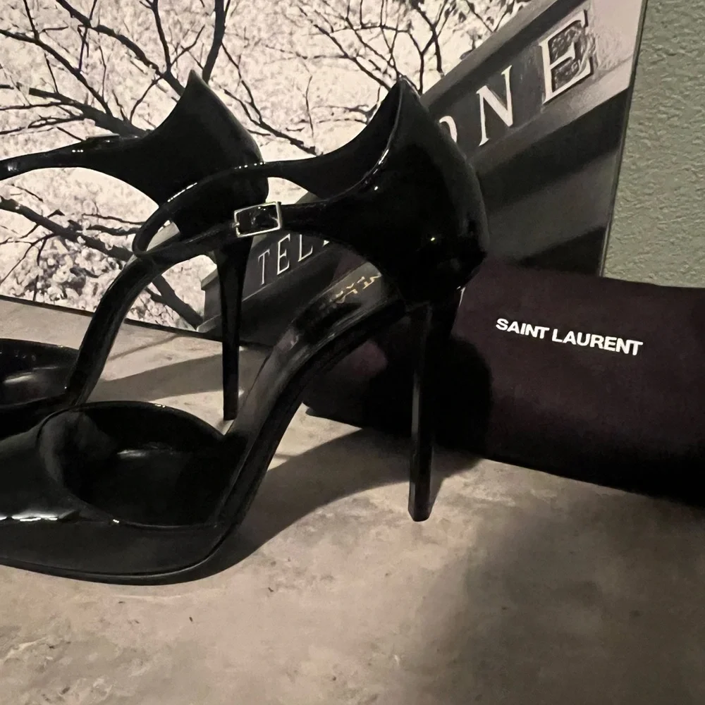 Saint Laurent Black Patent Leather Pointed-Toe Ankle-Strap Heels - Picture 3 of 6